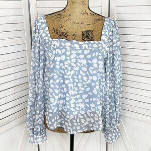 Lucca Petal‎ Print Square Neck Crop Blouse Blue White Large Long Balloon Sleeve